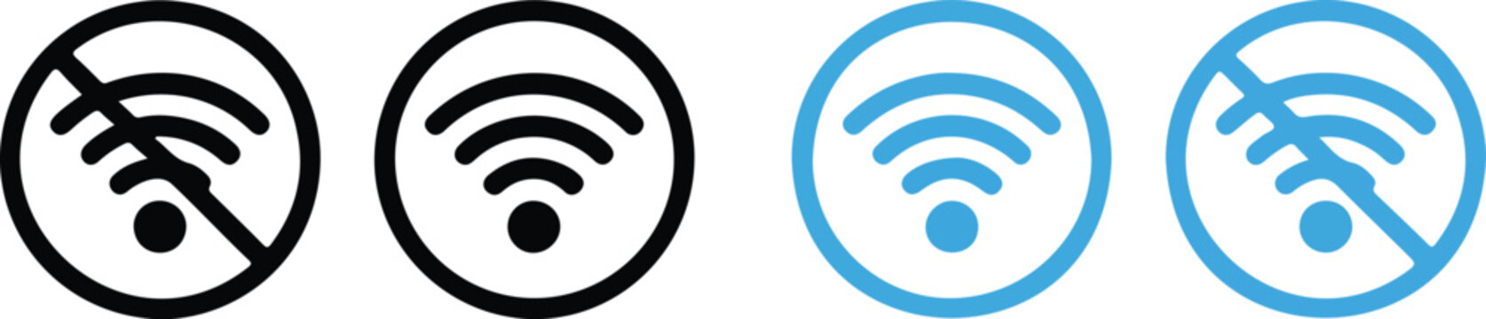 Set of wifi signal icons with and without cancellation strike representing wireless internet connectivity status network availability and offline no connection mode.