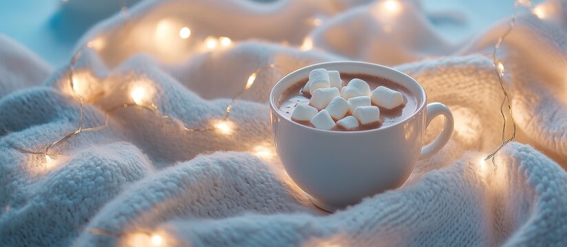 Hot Chocolate with Marshmallows on a Cozy White Blanket with Warm Fairy Lights for Winter Comfort