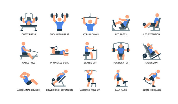 Gym exercise icons showing people using machines and weights