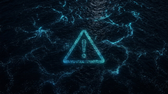 A digital warning sign is displayed amidst a network of glowing connections and data streams