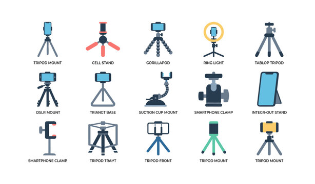 Various tripod and smartphone mounts arranged on white background