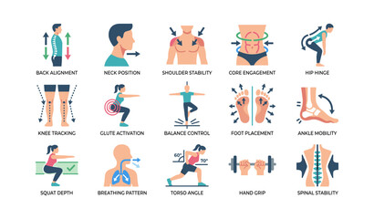 Fototapeta premium Squat technique and posture icons showing key form factors