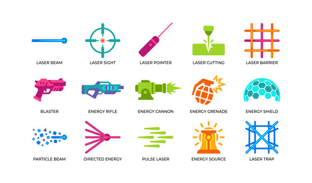 Laser and energy weapon icons arranged in grid on white background
