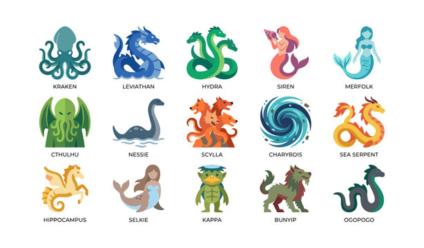 Mythical sea creature icons arranged in grid on white background