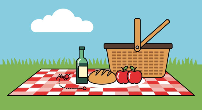 Picnic basket with food and an ant on a checkered blanket.