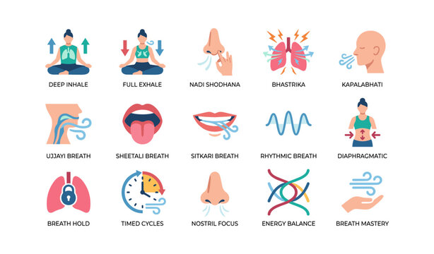 Breathing techniques icons shown in a labeled icon grid