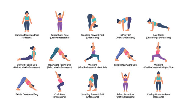 Yoga sequence icons demonstrating standing and floor poses