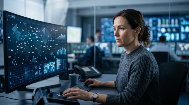 Professional woman monitoring global logistics and shipping data on a large computer screen in a modern high-tech control center