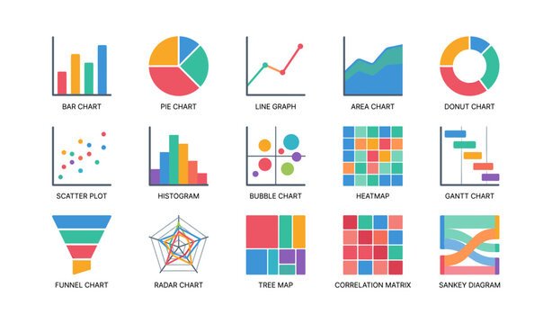 Data visualization and chart icons arranged on white background