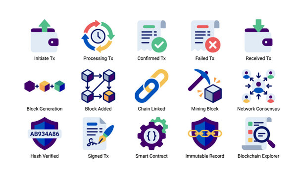 Blockchain icons showing transaction and block states on white