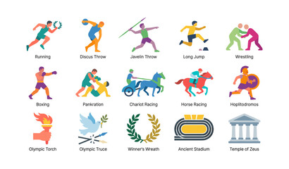 Naklejka premium Collection of olympic icons depicting ancient sports and symbols