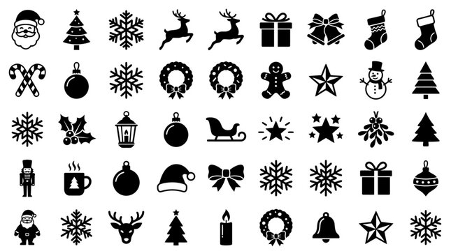 Set of 50 black Christmas icons and holiday celebration symbols.