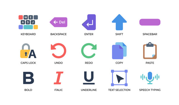 Keyboard and text formatting icons in grid on white background