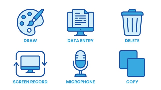 Vector graphic illustration of Blue icons for draw, data entry, delete, record, microphone, and copy Vector