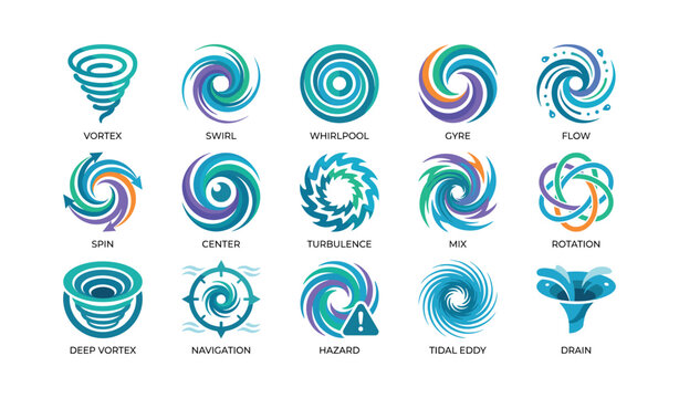 Multiple vortex and swirl symbols arranged in grid layout