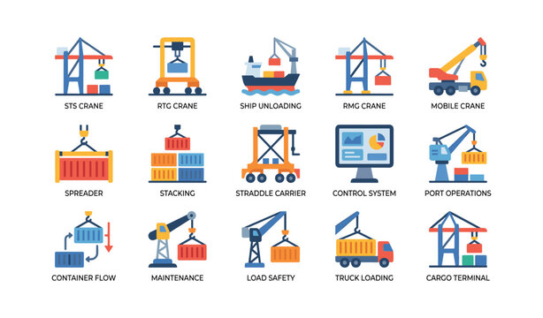 Port operations icons showing cranes containers and vehicles