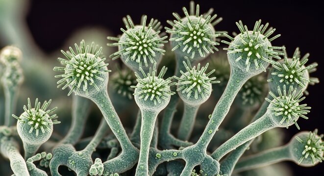Green Fungal Conidiophores Spore Heads 3D Render Microscopy Style Dark Background Microbiology Science
