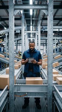 African American warehouse manager using a digital tablet for inventory tracking in a large distribution center