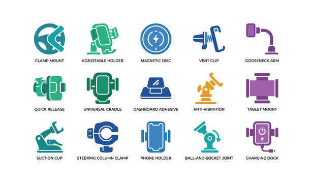 Device mount icons depicting different holders and attachments grid
