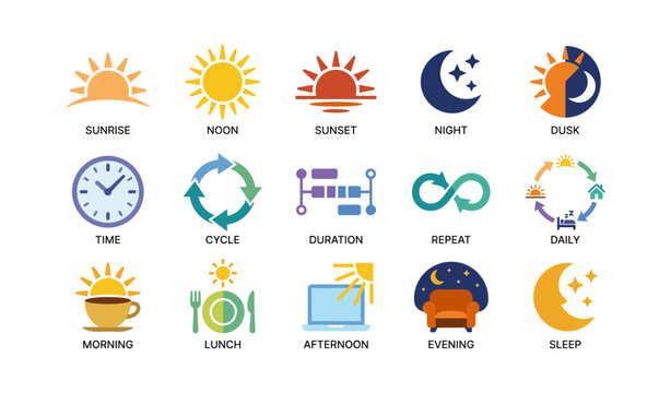 Time of day icons showing daily cycle and routines on white background