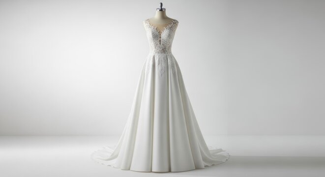 Elegant white wedding dress on a mannequin against a bright backdrop