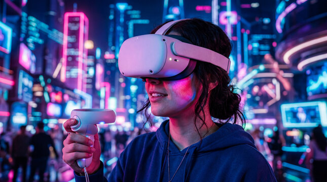 Virtual reality headset user exploring metaverse digital world