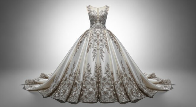 Elegant ball gown displayed against soft gradients for fashion concepts