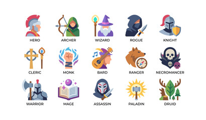 Obraz premium Fantasy character class icons displayed on white background