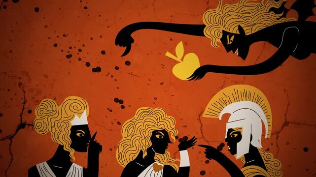 eris holding golden apple while athena hera and aphrodite argue in mythological judgment scene