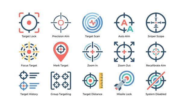 Target and aiming icons arranged on white background