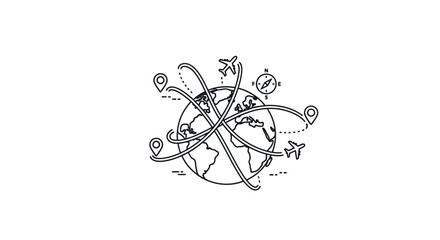 Minimalist world globe icon with flight routes and travel symbols on white. © Ayu