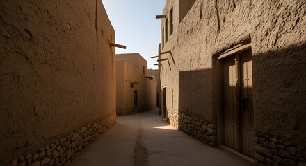 Obraz premium Traditional mud-brick desert village alley showcasing authentic middle eastern heritage architecture and warm natural lighting.