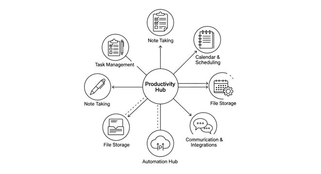 Productivity hub diagram with icons for note taking, scheduling, file storage.
