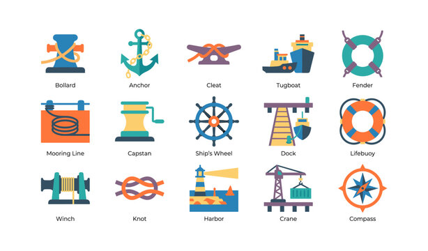 Nautical and mooring icons arranged on white background