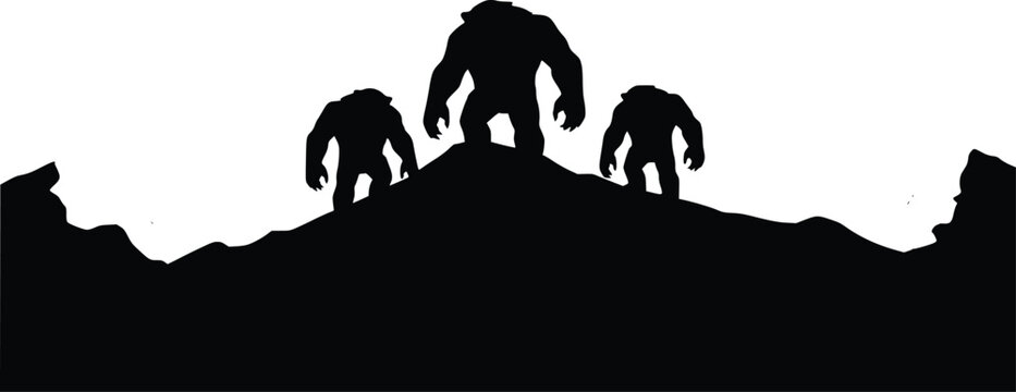 Bigfoot Silhouette on Mountain, Sasquatch, Cryptid, Black and White Illustration