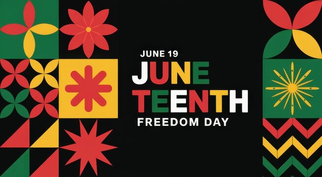Vibrant juneteenth graphic with colorful flowers and geometric patterns on black background celebrating freedom day