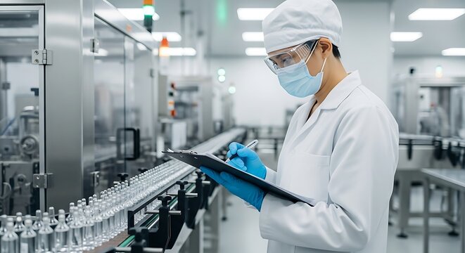 Pharma Worker Inspects Vials.