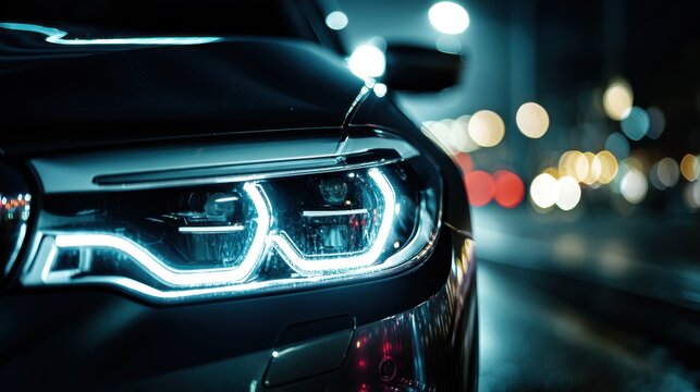 Futuristic modern car headlight glowing brightly with led technology on sleek luxury vehicle at night in urban environment with bokeh lights in background