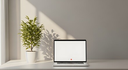Fototapeta premium Laptop featuring a blank screen sits on a minimalist desk next to a green plant to provide a clean space for digital product mockups.
