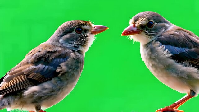 Two small birds facing each other on a vibrant green screen background, ideal for compositing wildlife.