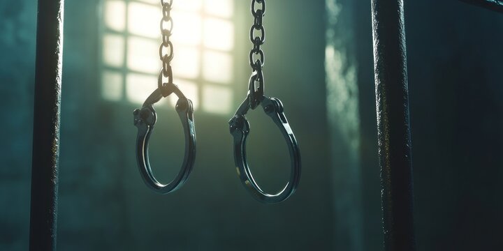 Heavy Metal Shackles Hanging from Chains in Dark Prison Cell with Window Light