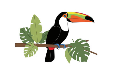 Naklejka premium Vibrant Toucan Perched on a Branch with Lush Green Tropical Leaves.