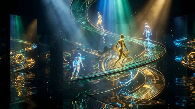 Futuristic digital avatars gracefully glide on luminous swirling metallic pathways illuminated by dramatic spotlights and ethereal green and blue atmospheric lighting