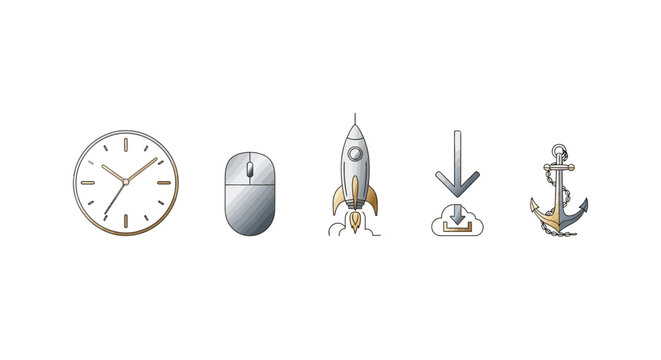Collection of flat icons: clock, mouse, rocket, download, anchor