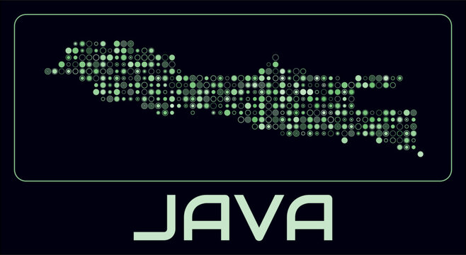 Java digital style map. Small circle dots on dark background. Dotted shape of the island. Java map and title. Classy vector illustration.
