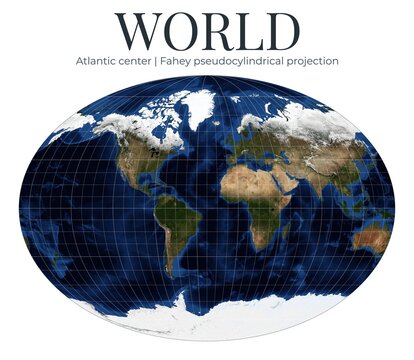 World map in Fahey pseudocylindrical projection. Atlantic center, high detail. Physical map of Earth. April View. Elements of this image furnished by NASA.