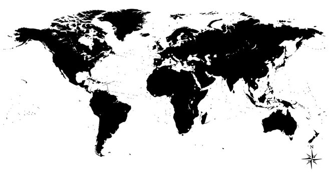 Minimalist black world map silhouette on white background