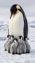 Obraz premium Photorealistic Emperor Penguin Parent and Baby Chicks in Cold Antarctic Landscape