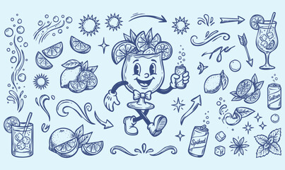 Fototapeta premium American Viral Drink Vintage 1930s Rubber Hose Style Hard Seltzer Mascot and Summer Citrus Cocktail Doodle Set
