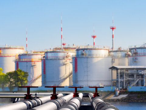 Oil storage terminal with pipelines and tanks supports fuel distribution and refinery logistics.